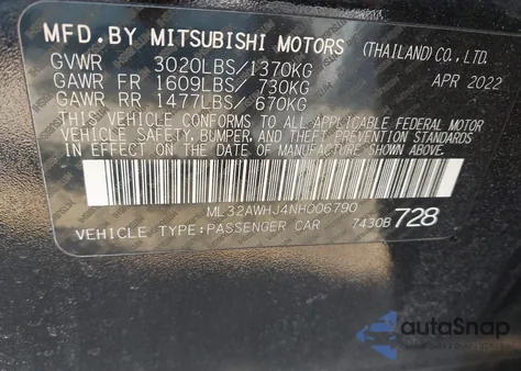 2022 Mitsubishi Mirage Black Edition z USA, uszkodzony, nr VIN ML32AWHJ4NH006790
